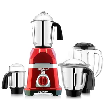 SilentPowerSunmeet Latest New Model DIAA 750-Watts Mixer Grinder with 3 Stainless Steel Jars and 1 ABS Juicer Jar (Dry Jar, Chutney Jar, Liquid, Juicer Jar) Red-Silver