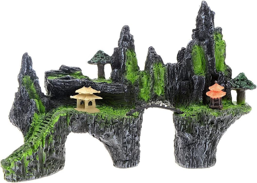 Toolzia Resin Aquarium Mountain Decoration with Cave & Tree House, Large Rock Thematic Fish Tank Ornament, Aquarium Decor for Fish Tank