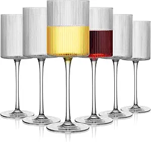 Ribbed Square Wine Glasses Set of 6, Vintage 13Oz White Red Wine Glass, Hand Blown Crystal Wine Glasses - Gifts for Women, Men, Wedding, Anniversary, Christmas, Birthday