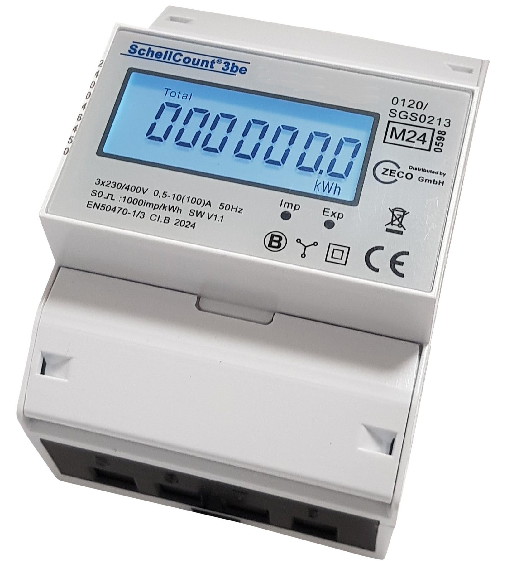Stromzähler - SchellCount3be für Hutschiene Drehstromzähler 100A, 4TE, S0, digital LCD weiß-blau beleuchtet