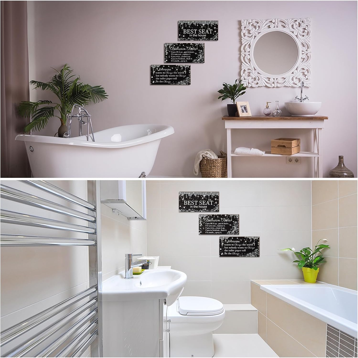 Wenqik 3 Pcs Glitter Diamond Bathroom Decorations Wall Art Rustic Bathroom Wall Decor Black and Silver Decor Silver Shiny Drips Wooden Hanging Signs for Home Spa Decorations