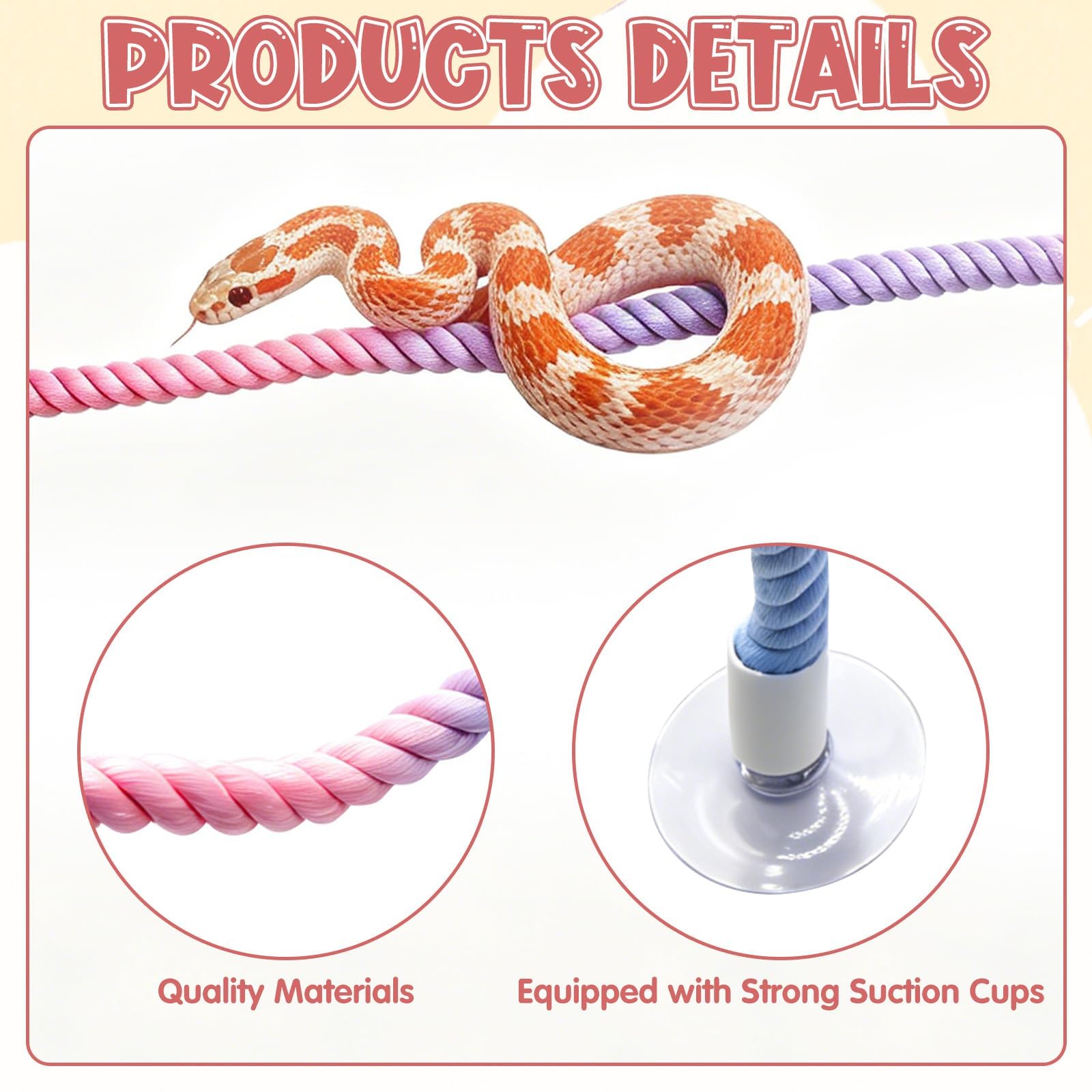 Pink Snake Enrichment Climbing Rope, Ball Python Tank Climbing Accessories with Strong Suction Cups, Flexible Wire Core, Snake Enclosure Accessories for Ball Python, Corn, Lizard — view 3