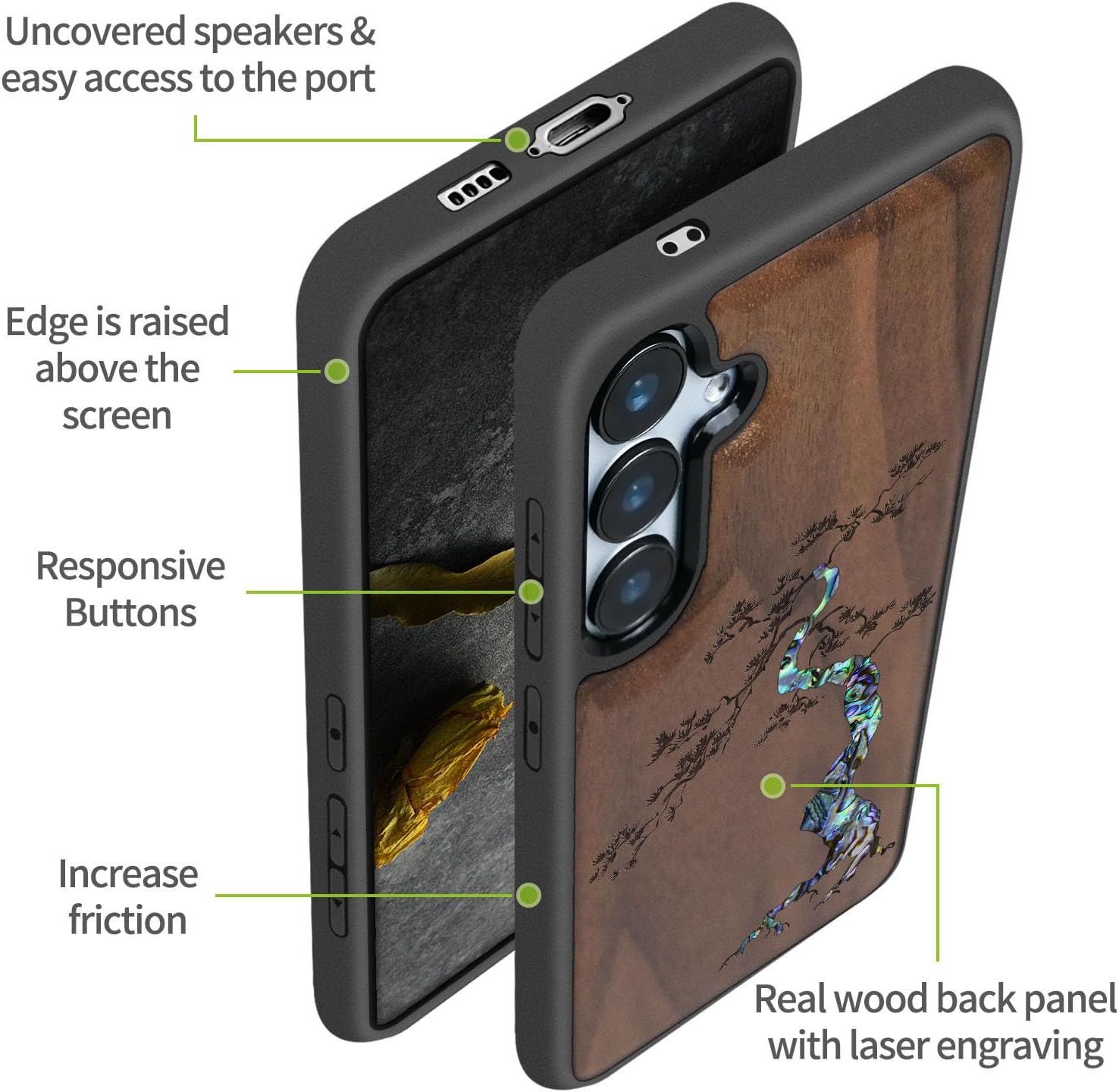 Carveit Designer Wooden Case for Samsung Galaxy S24 FE Case [Wood Engraving & Shell Inlay] Compatible with Wireless Chargers S24 FE Cover (Majestic Pine Tree-Walnut)