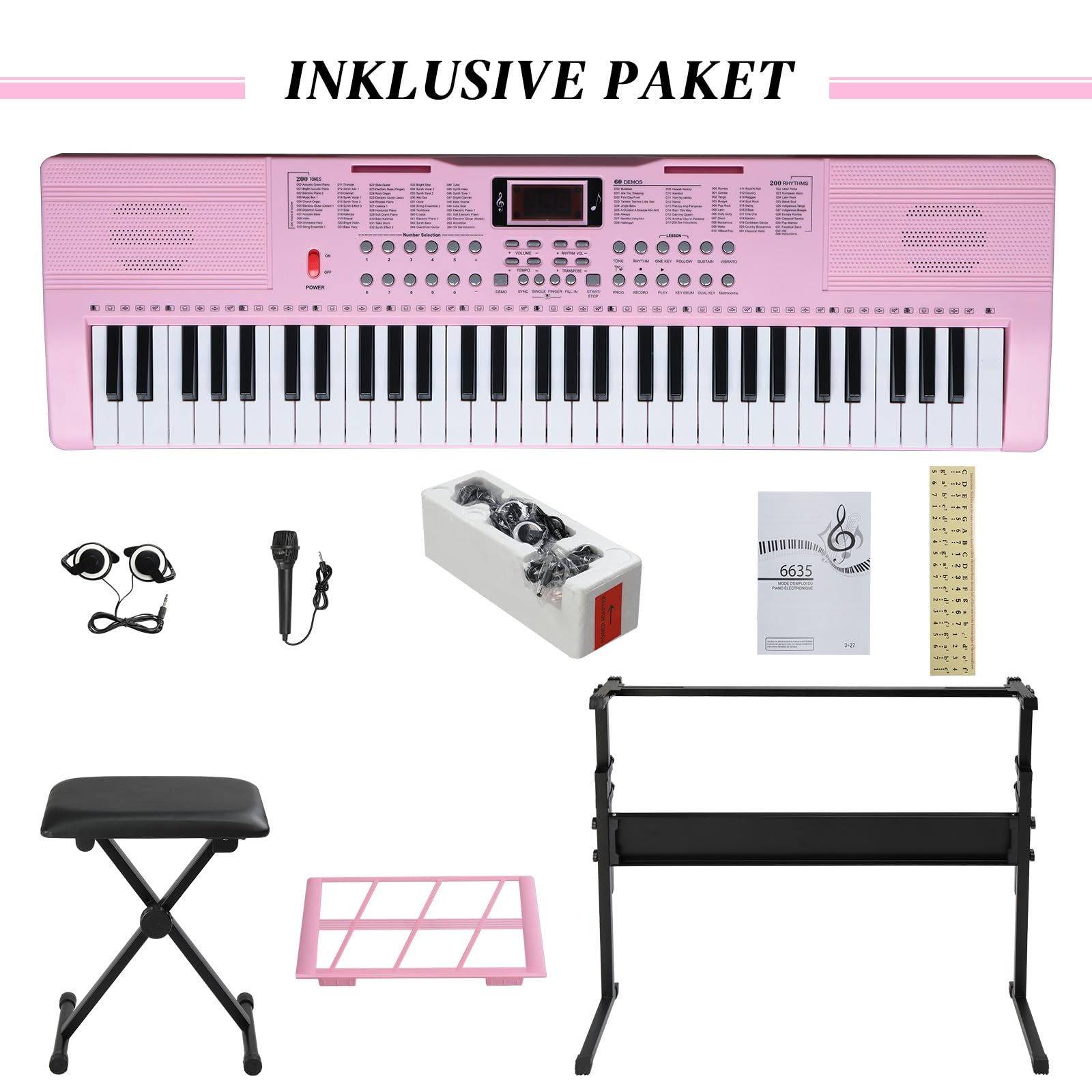 LEADZM Tastiera Piano 61 tasti, tastiera digitale con supporto per tastiera, panca per pianoforte, supporto per spartiti, cuffie, microfono, schermo LED, 3 modalità di apprendimento per principianti
