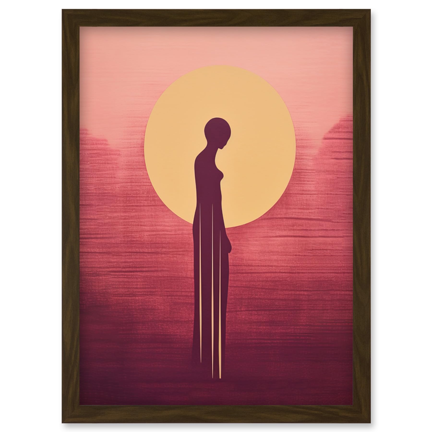 Artery8 Sunrise Solitude Minimalist Artwork Plum Pink Gold African Woman Silhouette in Golden Sun Halo Artwork Framed Wall Art Print A4