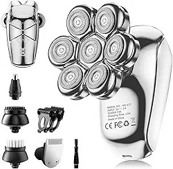 SHPAVVER Barbeador Elétrico 5 Em 1, À Prova D'Água Ipx7 Para Homens Calvos, Com Tela Led Seca E Úmida, Recarregável, Kit De Barbear Rotativo 7D Com Carregador Tipo C, Prata Brilhante
