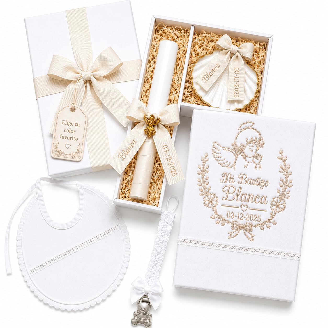 Set de Bautizo Personalizada con Nombre — Set Completo Vela, Paño, Concha y Babero — Regalo Bautizo Bebé en Caja Premium (Angel)