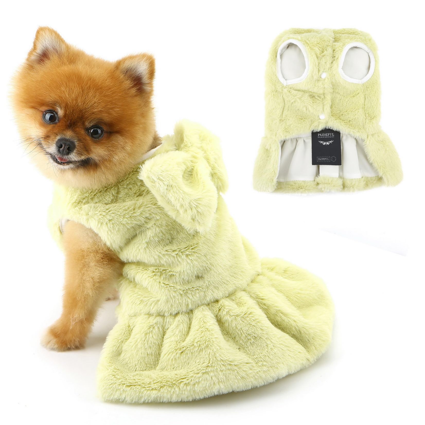 PAIDEFUL Fluffy Puppy Dress for Small Dogs Thicken Warm Fleece Doggie Jumper Cold Weather Windproof Pet Skirt Coat Fashion Solid Chihuahua Clothes Cat Apparel with Bow-Knot Botton D-ring,Green,M