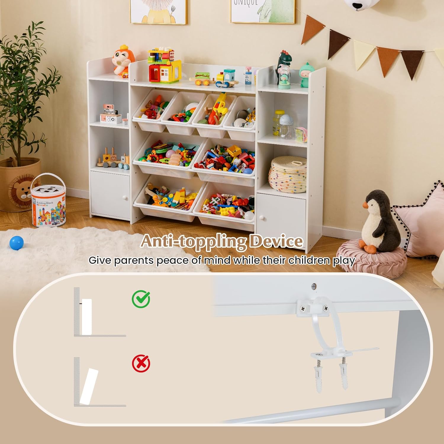 HONEY JOY Kids Toy Storage Organizer, Wooden Floor Storage Cabinet Toy Chest w/ 8 Removable Bins, Open Shelf, Kids Display Bookshelf for Classroom, Playroom & Nursery, Kindergarten (White)