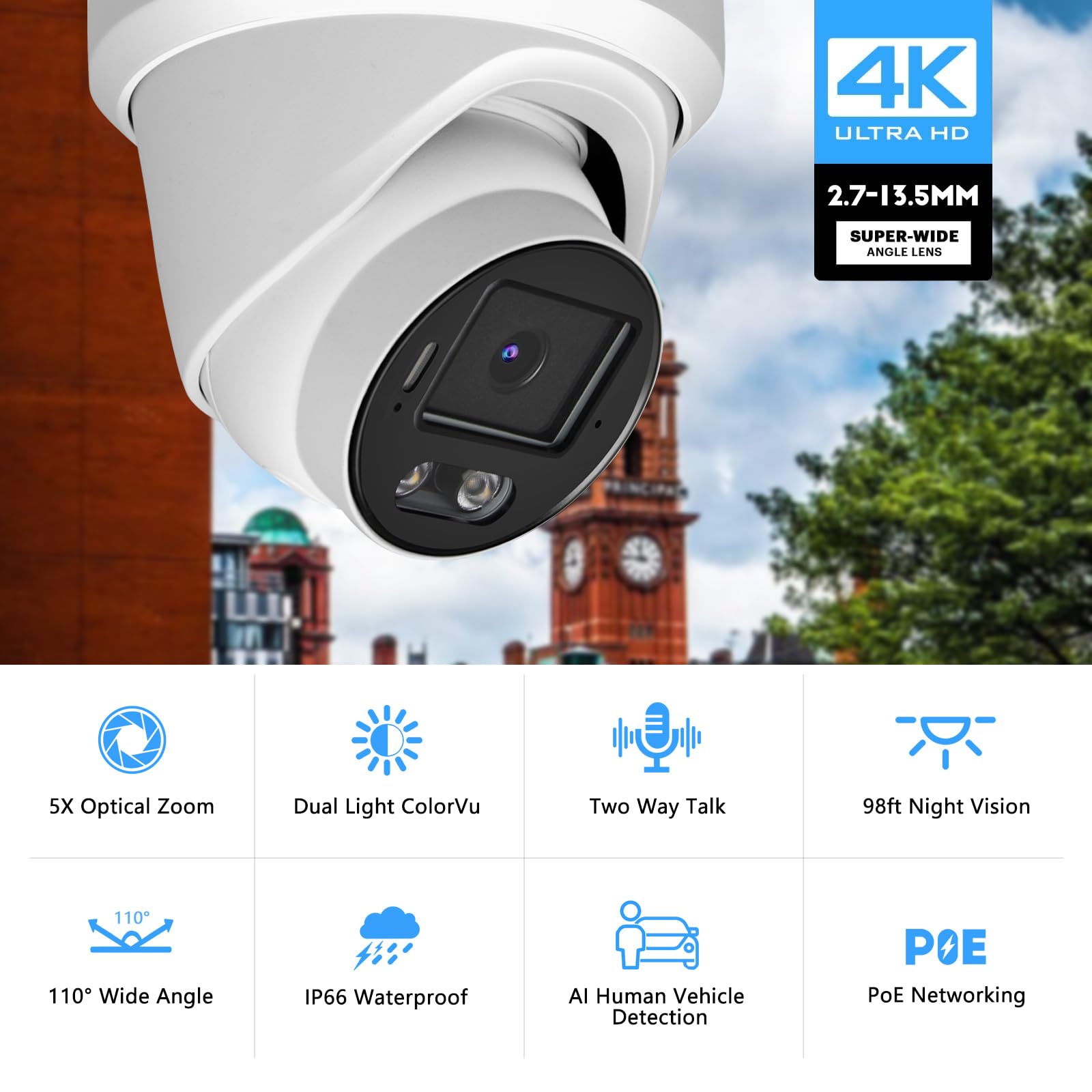 Tennoz 8MP 4K Full Color Security Camera, PoE IP Dome Camera with Smart Dual Light Colorvu, 5X Optical Zoom, Two Way Talk, SD Card Slot, 98ft Night Vision, 110°Wide Angle, Human/Vehicle Detection