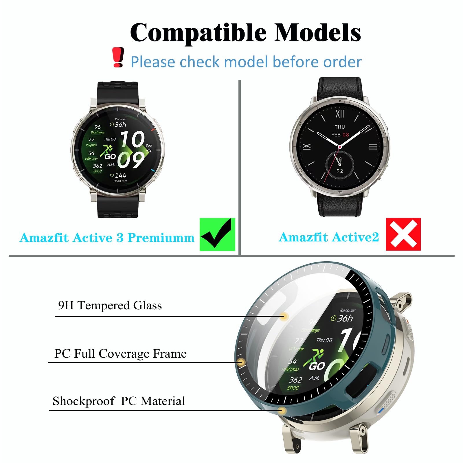 Lot de 4 films protecteurs d'écran Active 3 compatibles avec la montre intelligente Amazfit Active 3 Premium Running - Coque de protection en polycarbonate rigide ultra fin HD