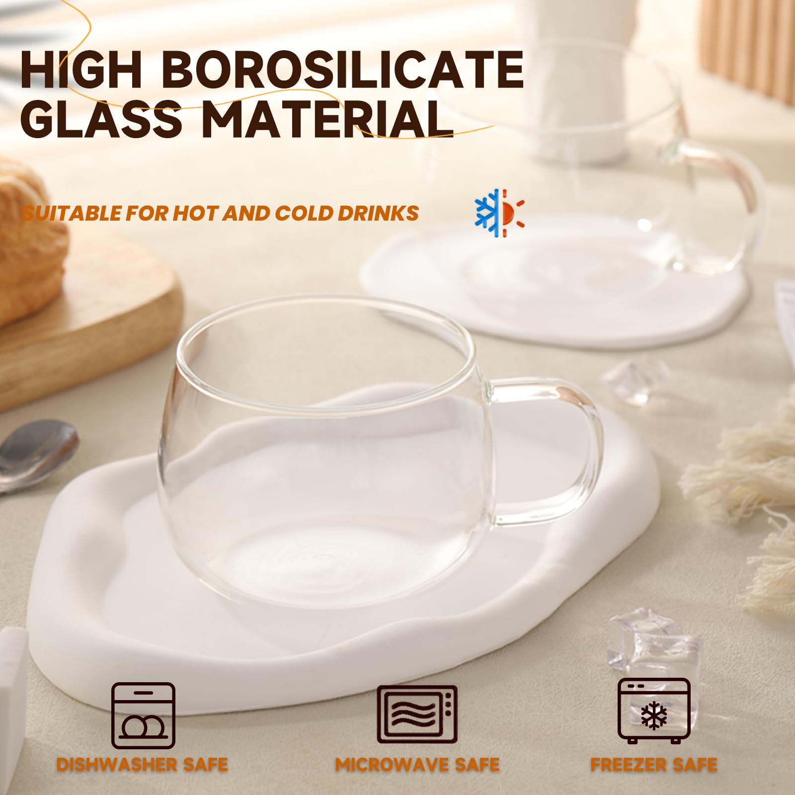 GURUDAR Glass Tea Cups Set of 2, Clear Borosilicate Glass Teacups with Handle for Tealover, Dishwasher & Microwave Safe Large Coffee Mugs for Espresso Cappuccino Latte Juice, 12OZ/360ML