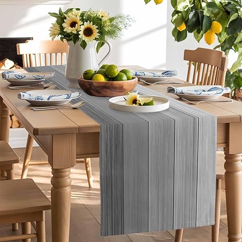 Miniatura 123 de Camino de mesa de algodón y lino estilo granja rústico retro, textura de madera de granero, color degradado marrón y gris, antideslizante,