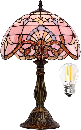 WERFACTORY Tiffany - Lámpara de mesa con vitrales de 12 x 12 x 18 pulgadas, color rosa, estilo barroco, lavanda, mesita de noche, escritorio,