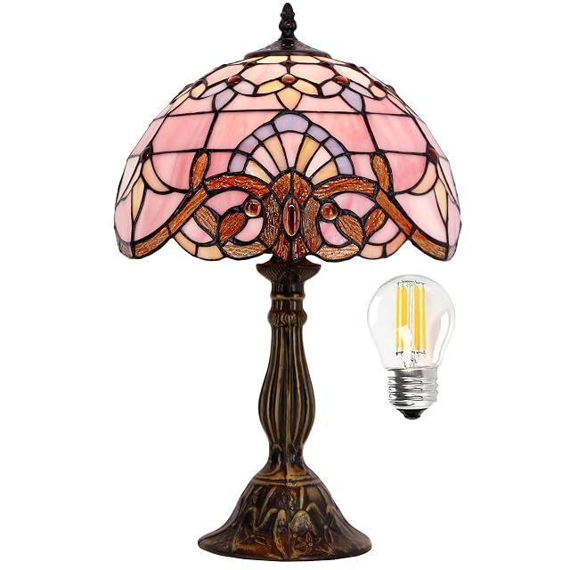WERFACTORY Tiffany Lamp Stained Glass Table Lamp 12X12X18 Inch Pink Baroque Style Lavender Bedside Reading Desk Light Decor