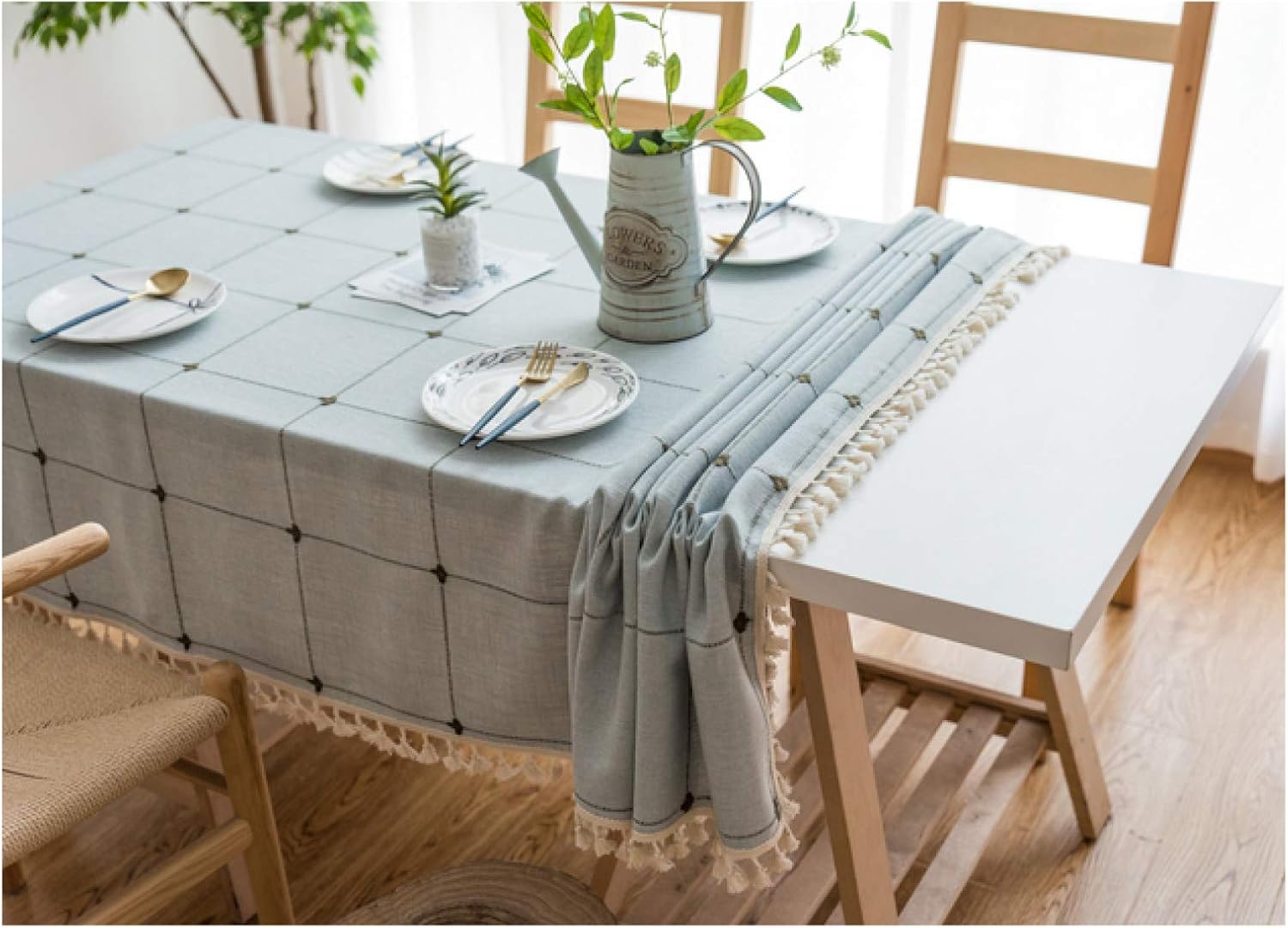 洗える綿リネンのテーブルクロス、大きなグリッドタッセルでデザインされたテーブルクロス、正方形の長方形のテーブルクロス、キッチンダイニ