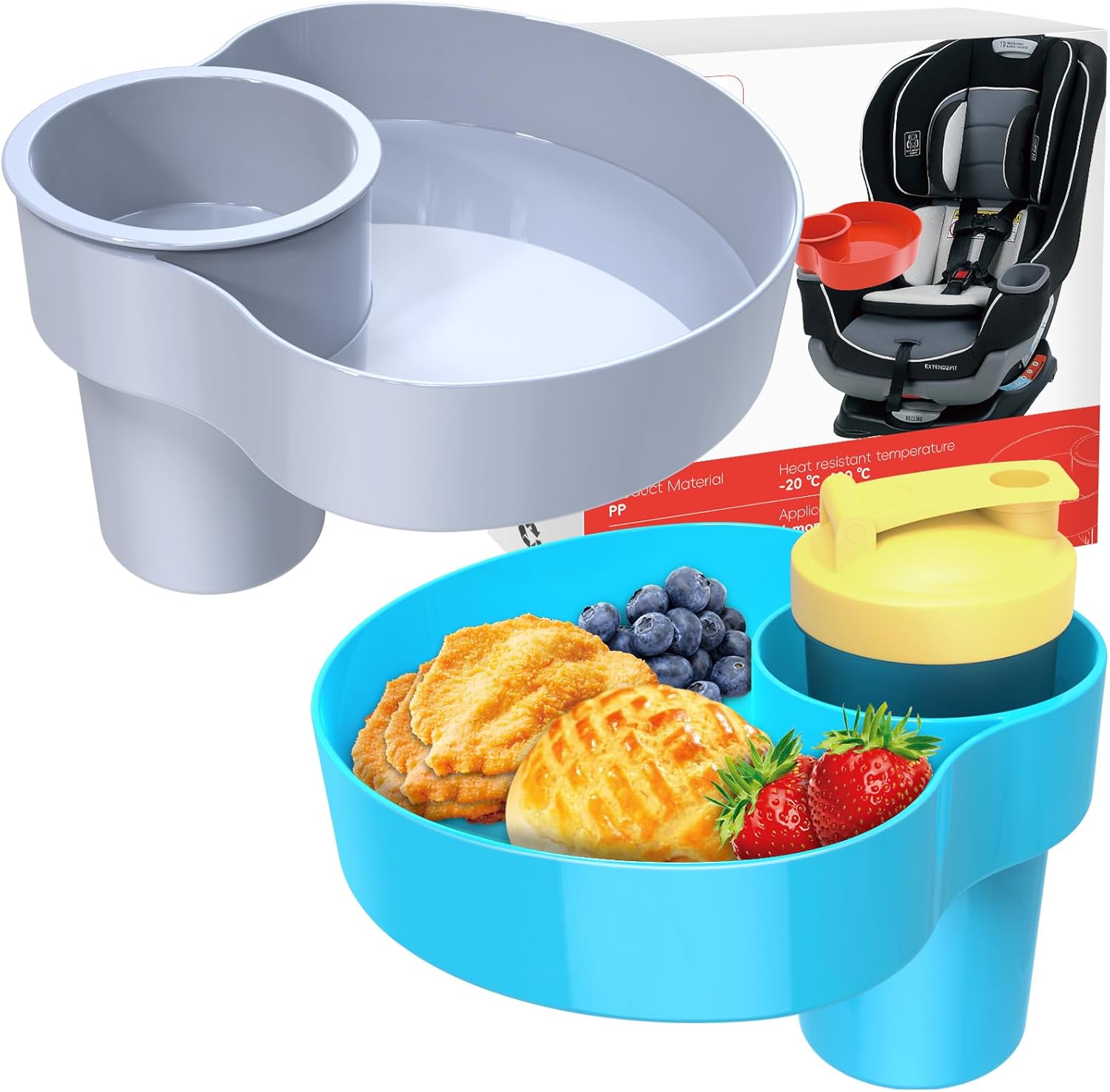 Car Seat Cup Holder for Kids - Kids Travel Tray with Snack Tray, CarSeats Snack Trays for Toddler, Car Cup Holder for Safety Seats, Fits Stroller & Booster (bluegray)