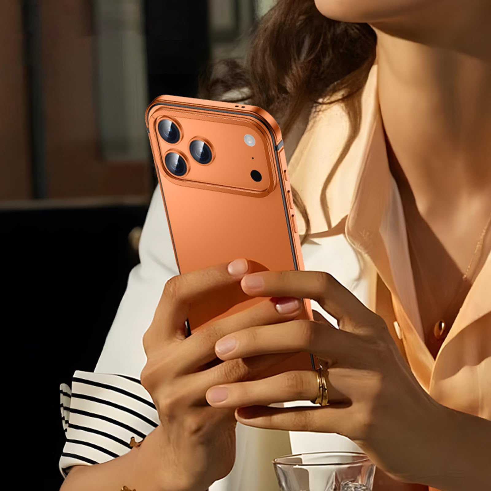 Ultradünne Hülle für iPhone 17 Pro Max/17 Pro, Titan-Stahlrahmen Metall Stoßfest Schutzhülle Leichte Luxus Gefrostet Handyhülle,Orange,17 Pro