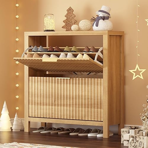 Armario de zapatos para entrada, armario de zapatos estriado con 2 cajones abatibles, zapatero oculto alto independiente organizador de zapatos con