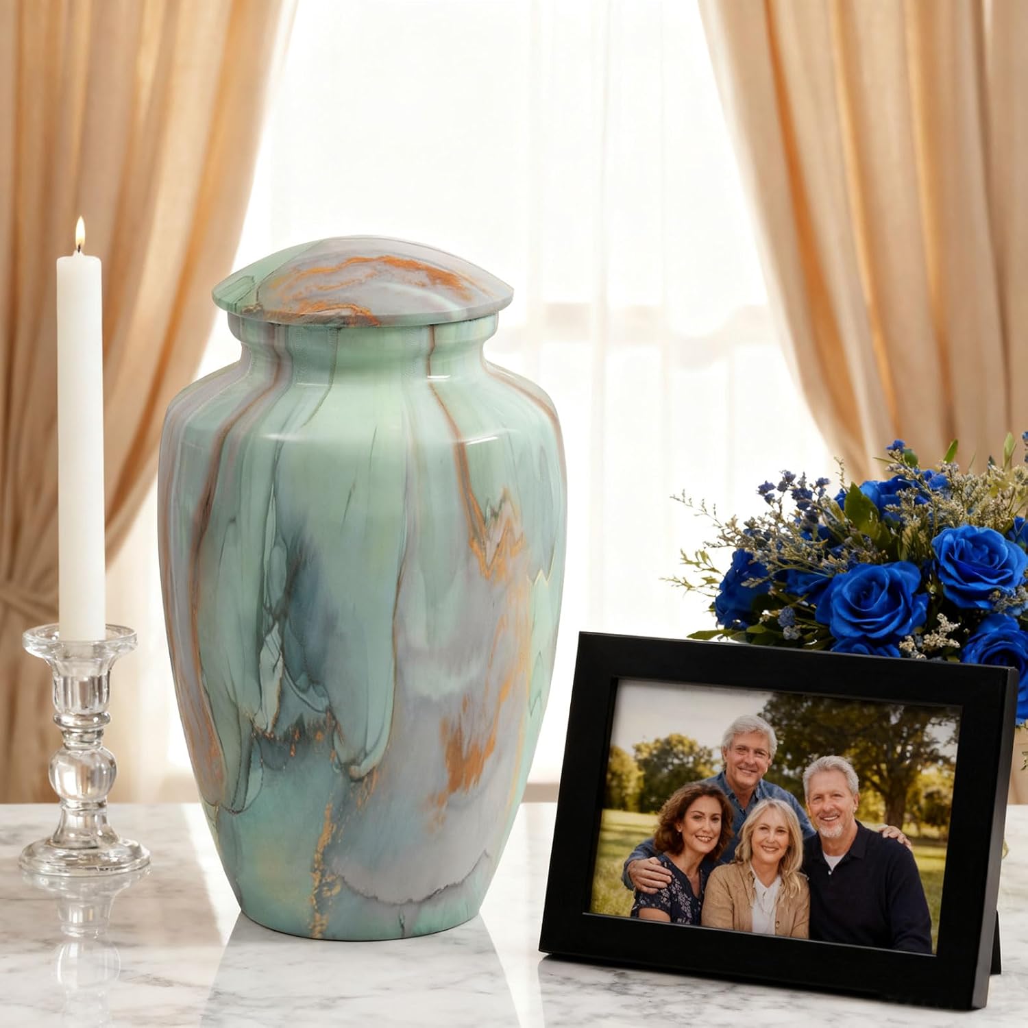 Urn for Ashes Adult Male and Female,Large Aluminum Green Marble Grain Cremation Urn for Ashe for Men Women,Memorial Urns for Human Ashes Adult Man