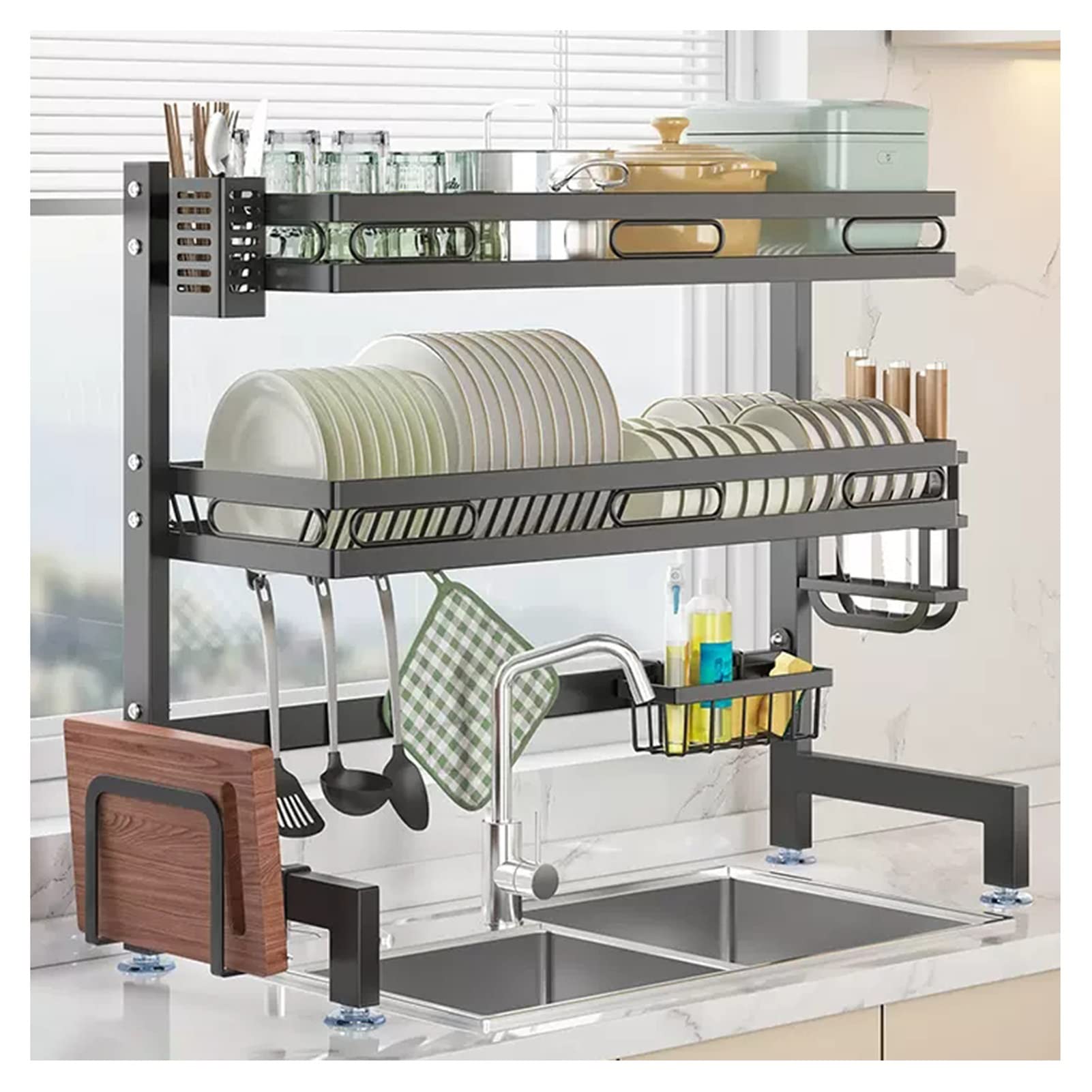 Dish Rack Over The Sink Dish Drying Rack 2-Tier Kitchen Counter Dish Drainer Rack with Fruit Basket Utensil