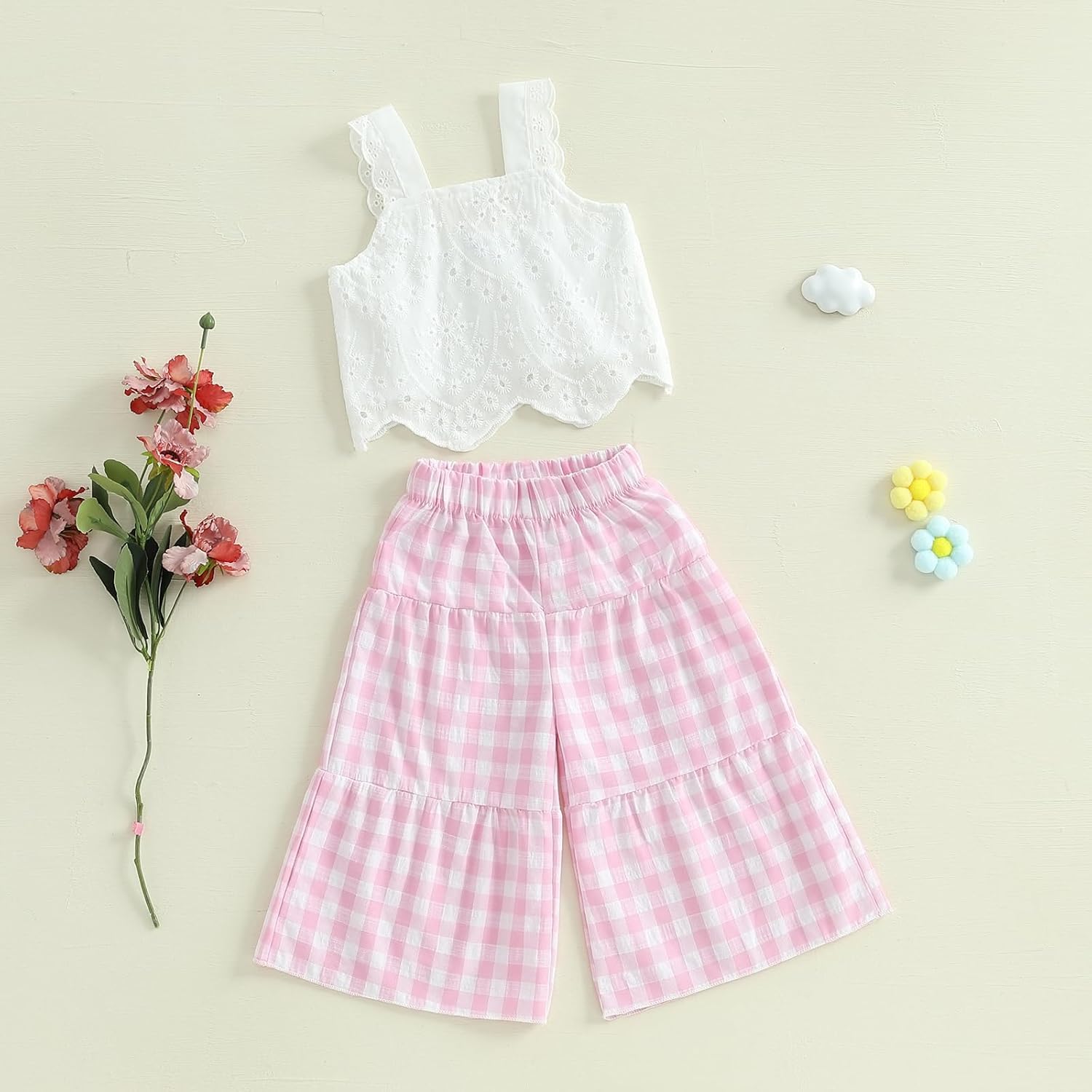 Toddler Baby Girl Outfit Summer Sleeveless Lace Hollow Out Crop Tank Tops Plaid Wide Leg Pants Set 2PCS Clothes - Image 6