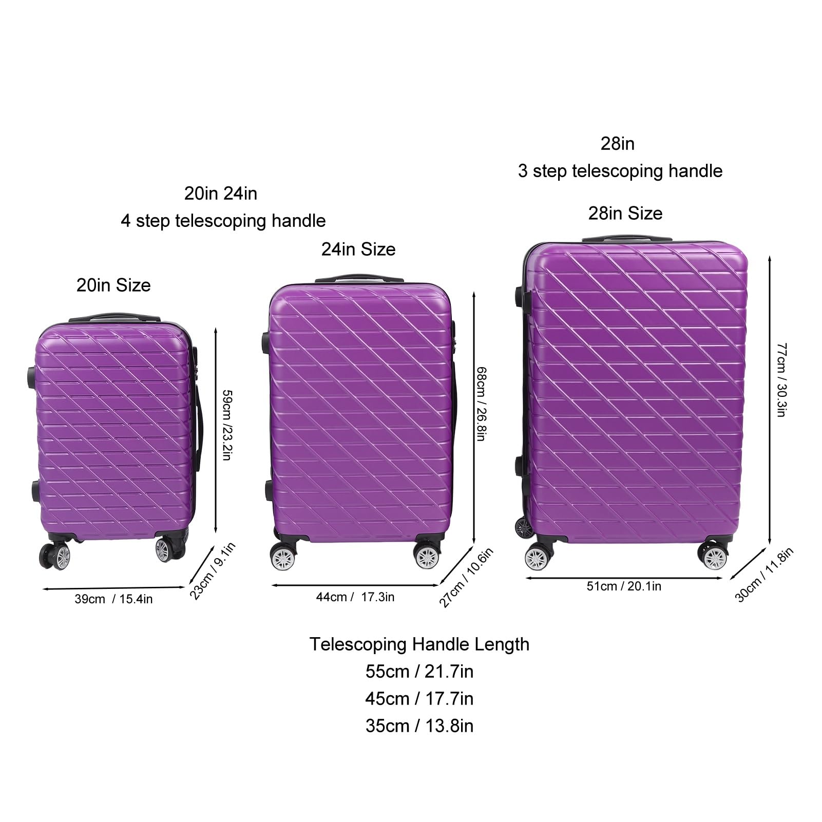 3-częściowy Zestaw Bagażu Hardshell z Zamkiem TSA, nośność 150 Kg na Długoterminowe Podróże i Wyjazdy Służbowe (PURPLE)