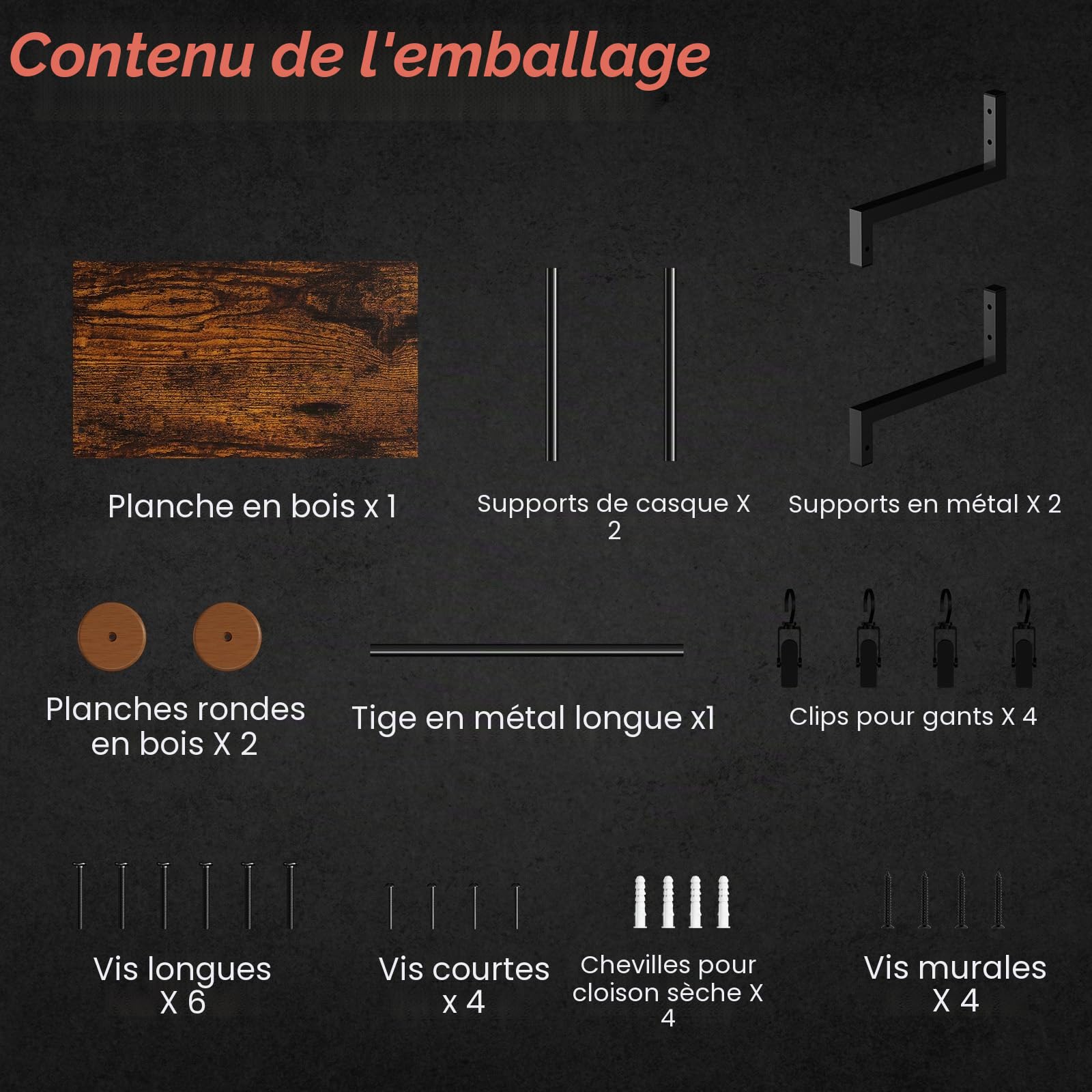 Porte Casque Moto Mural 2 Casques 4 Crochets Rangement Polyvalent Planches en Bois Marron Foncé