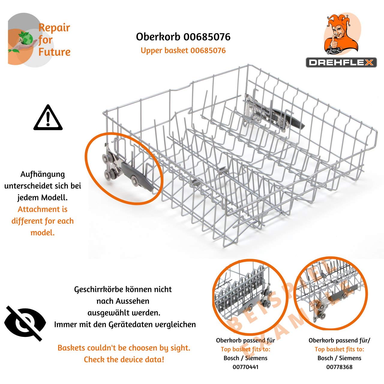 Oberkorb -KORB35-00770441 für diverse Bosch/Siemens/Neff Spülmaschinen - passend für 00688641 00688619 00685076 00680270 00662006 00212900 770441 688641 688619 685076 680270 662006 212900