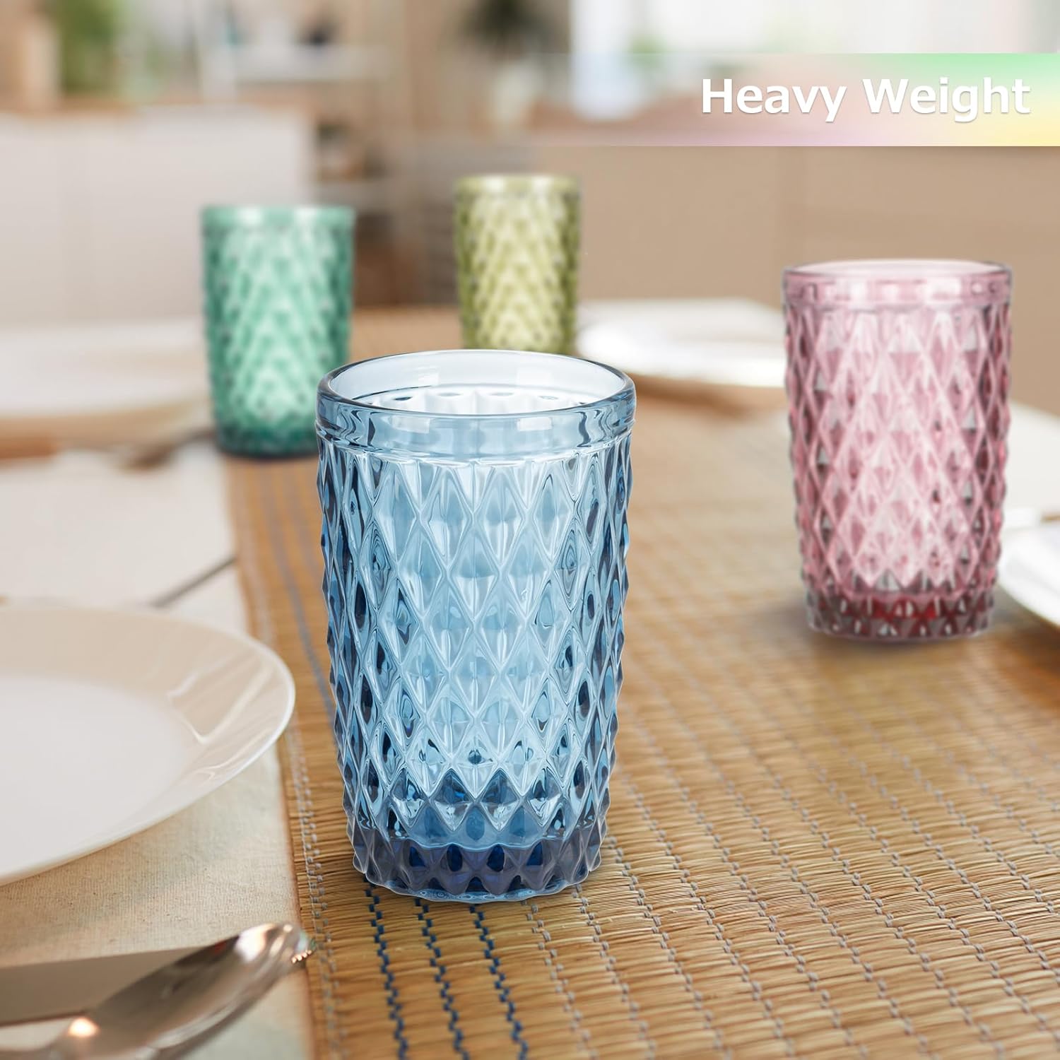 Topsky Highball Drinking Glasses Set of 6,12 oz Colored Glassware with Geometric Diamond Pattern,Embossed Diamond Tumblers,Blue Vintage Glassware Set for Beer,Juice,Cocktail - Image 2