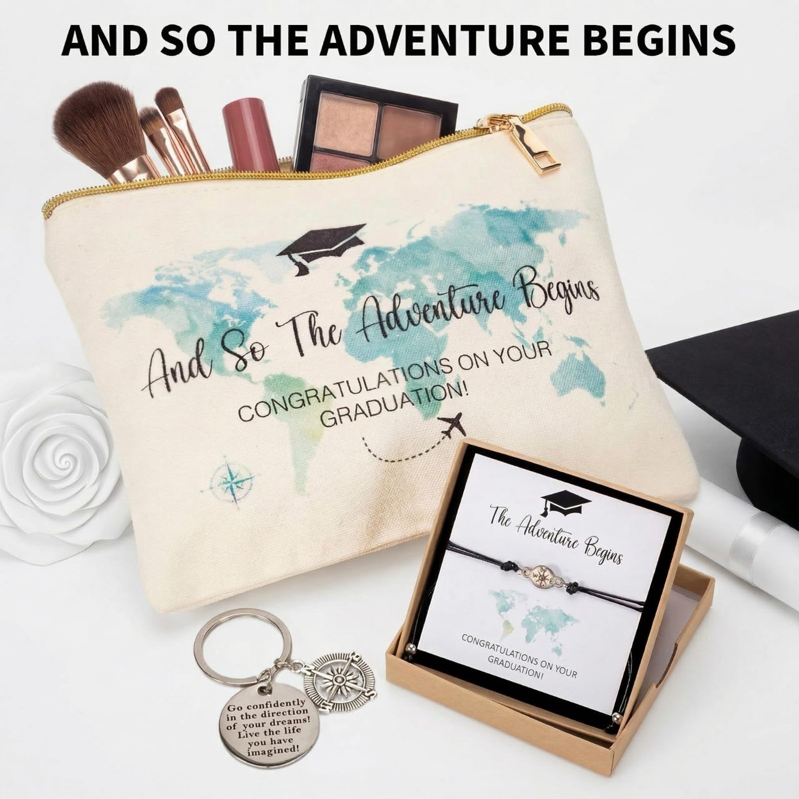 Zopeal Graduation Gift Basket for Her 2026,Graduation Gift Set with Glass Tumbler,Makeup Bag,Candle,Socks,Bracelet,Keychain,Card,College Grad Gifts for Her Women Daughter Granddaughter(White)