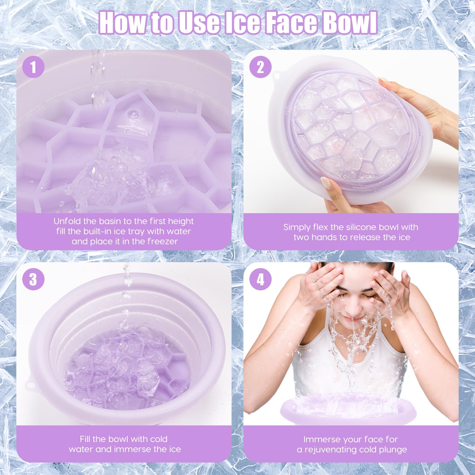 Face Ice Bath Bowl, Faltbares Gesichtsbad Eis, Gesicht Eiswanne mit Integrierter Eiswürfelschale, Tragbare Facial Ice Bath Bowl zur Schwellungen Linderung für Heimgebrauch oder Unterwegs (Purple)