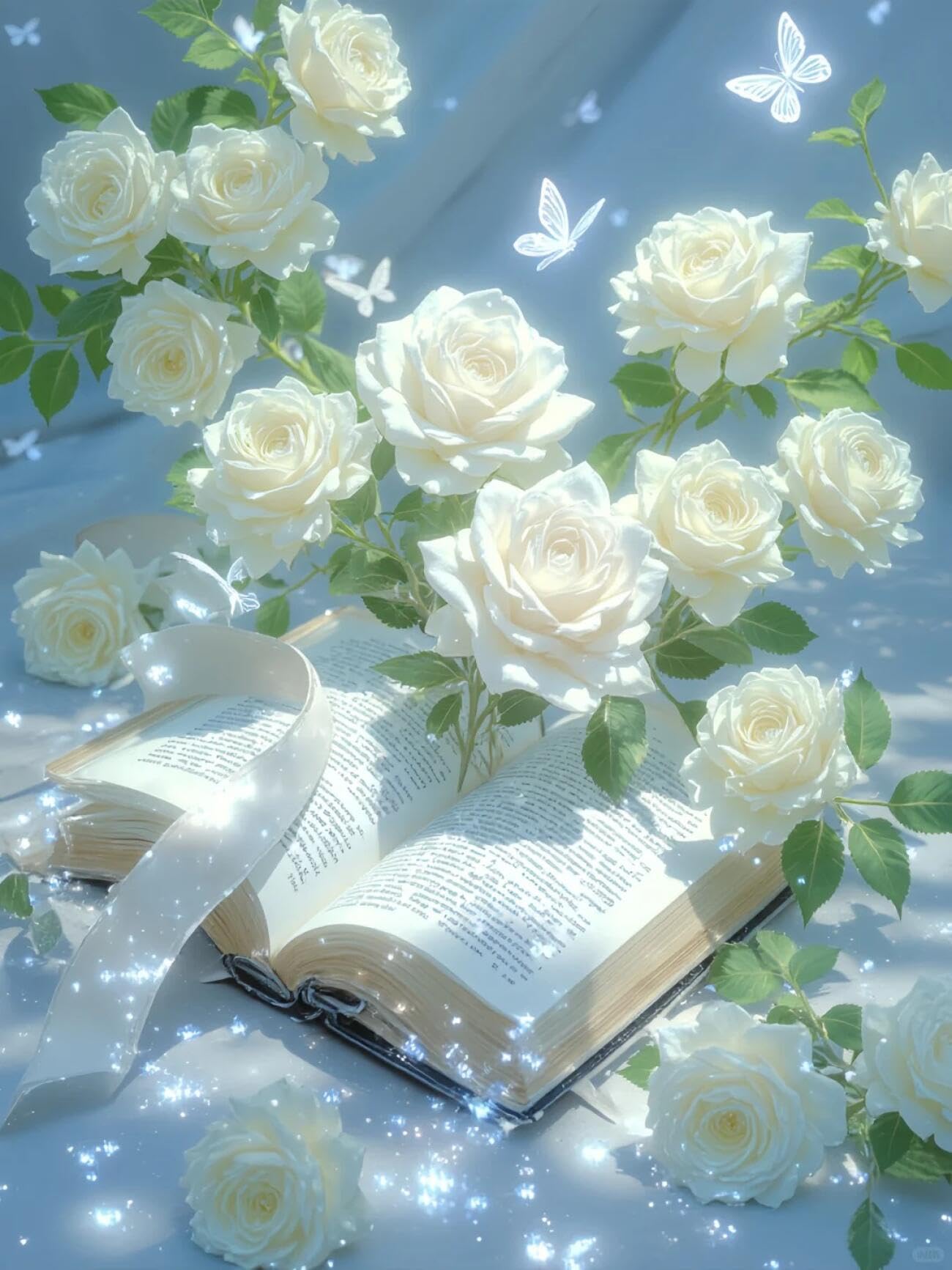 LFYNIORS DIY Perlenstickerei Komplett Set Bücher Und Weiße Rosen Nadelstich-Set Mit Perlen Und Kreuzstich-Set Mit Buntem Stickgarn Und Perlen 40x50cm