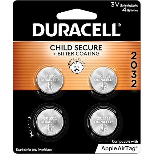 Duracell 2032 Lithium Battery. 4 Count Pack. Child Safety Features. Compatible with Apple AirTag, Key Fob, and other devices. CR2032 Lithium 3V Cell. 2032 Battery, Lithium Coin Battery
