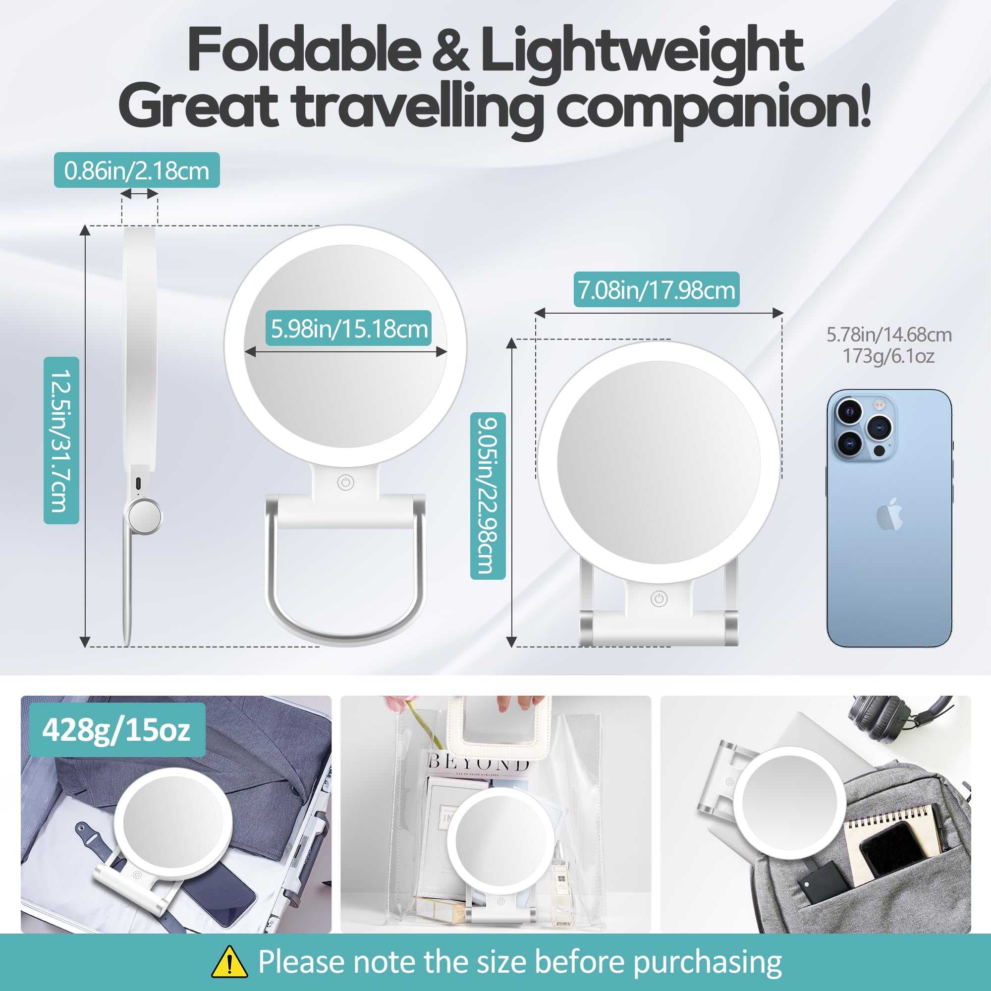 B Beauty Planet Miroir grossissant Double Face 1X/30X avec lumière, 3 Modes d'éclairage, 2000mAh, Miroir de Maquillage de Voyage Compact