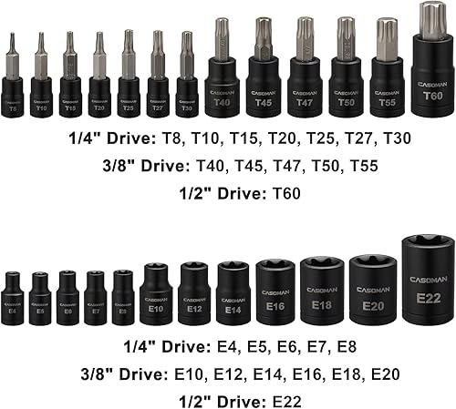 Vista 3 de CASOMAN Juego de 25 piezas de dados Torx y enchufes externos, 13 puntas de enchufe estrella (T8- T60) y 12 enchufes E-Torx hembra (E4-E22)