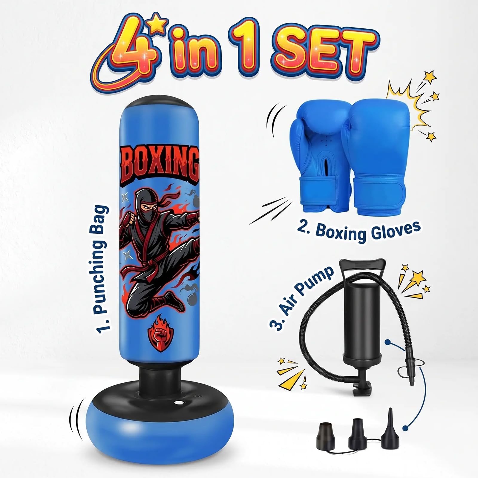 Sacco da boxe da pavimento, sacco da boxe per bambini, gonfiabile, con guanti | Sacco da boxe gonfiabile stabile per karate, kickboxing, MMA, regalo ideale per ragazzi e ragazze