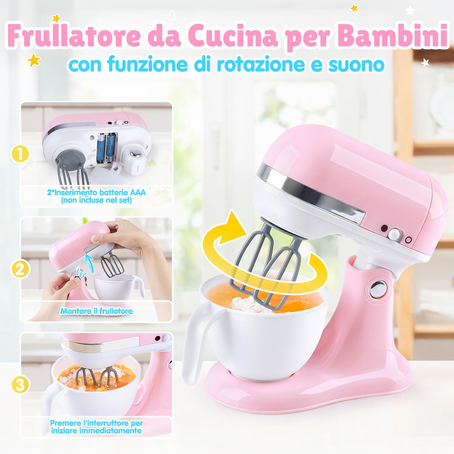PLAY Accessori Cucina Bambini, Set di Accessori Cucina Giocattolo con Macchina Caffè Giocattolo, Mixer, Frullatore e Tostapane con Luci e Suoni, Kit Elettrodomestici Cucina per Bambini da 3+ (Rosa)