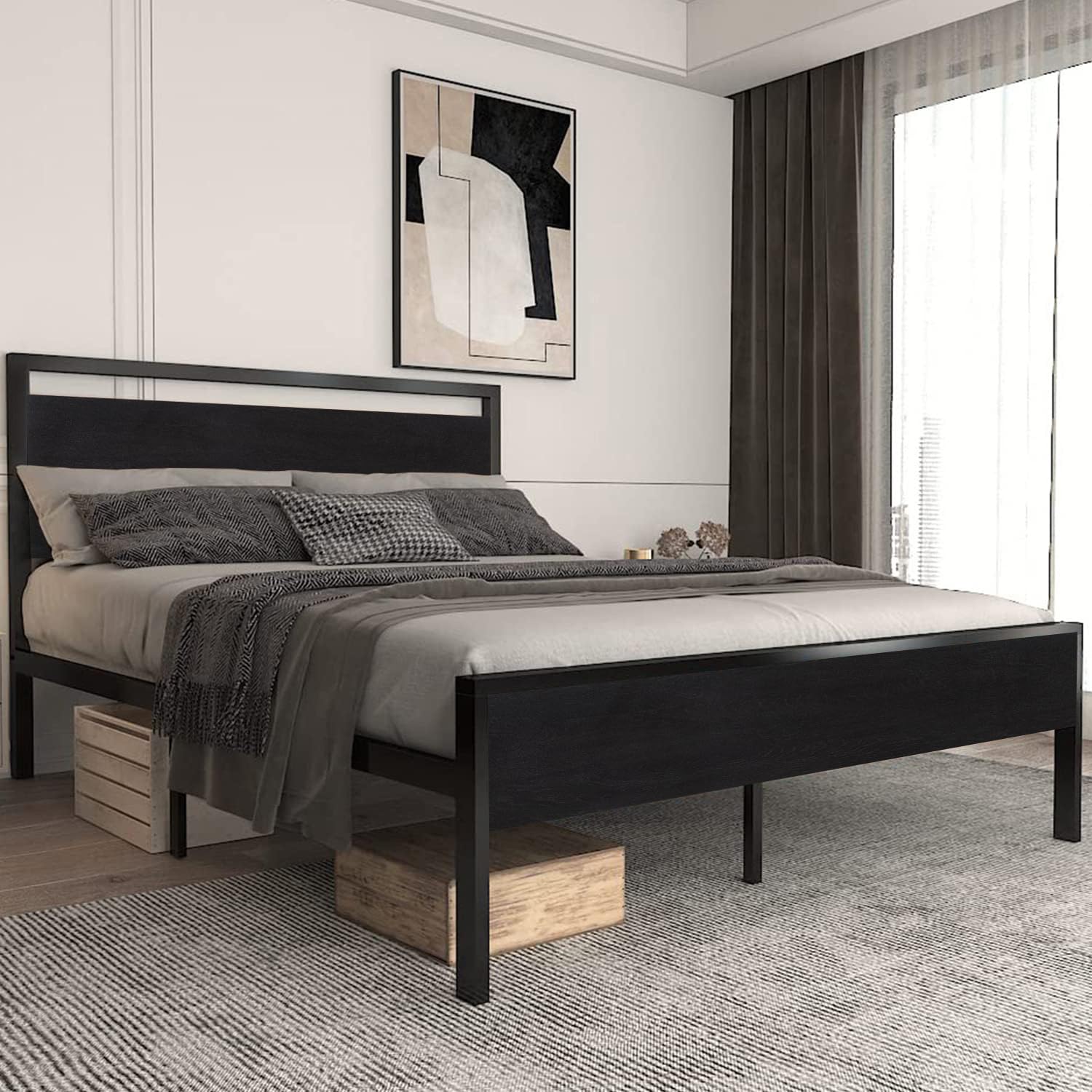 Allewie Queen Size Platform Bed Frame with Wooden Headboard and Footboard, Heavy Duty 12 Metal Slats Support, No Box Spring Needed, Under Bed Storage, Non-Slip, Noise Free, Easy Assembly, Black Oak