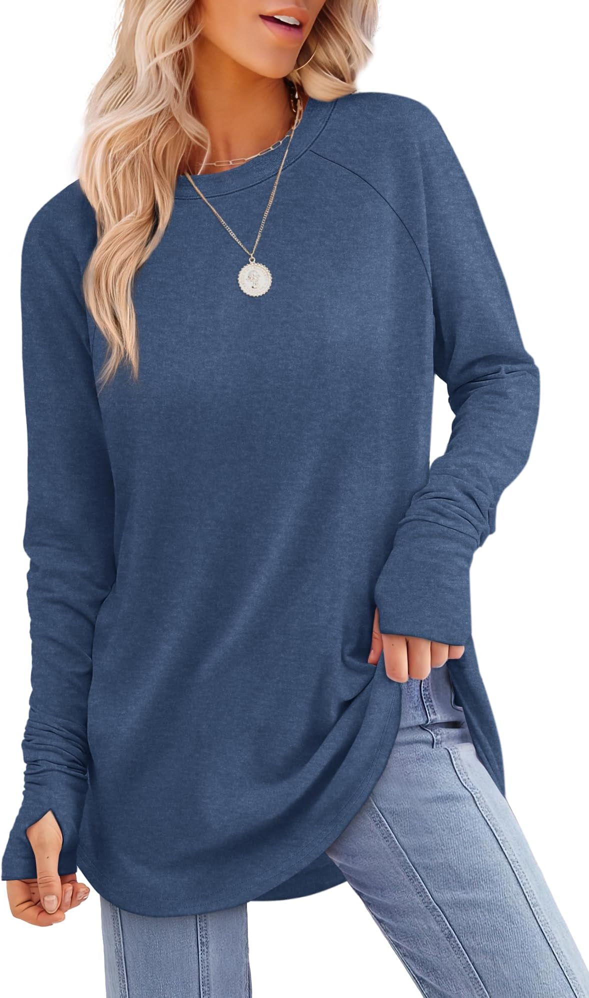Womens Tunic Tops for Leggings Ladies Loose Fit Jumpers Long Sleeve Sweatshirts Thumbholes Curved Hem