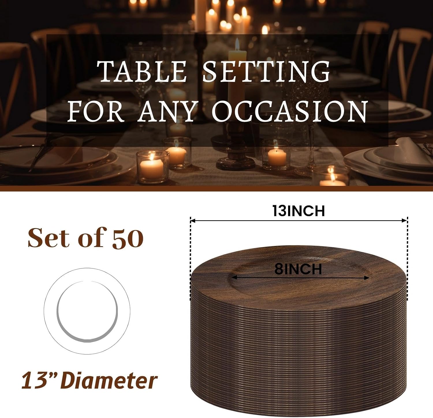 MAONAME 50 PC Brown Charger Plates Bulk, Farmhouse Faux Wood Plate Chargers