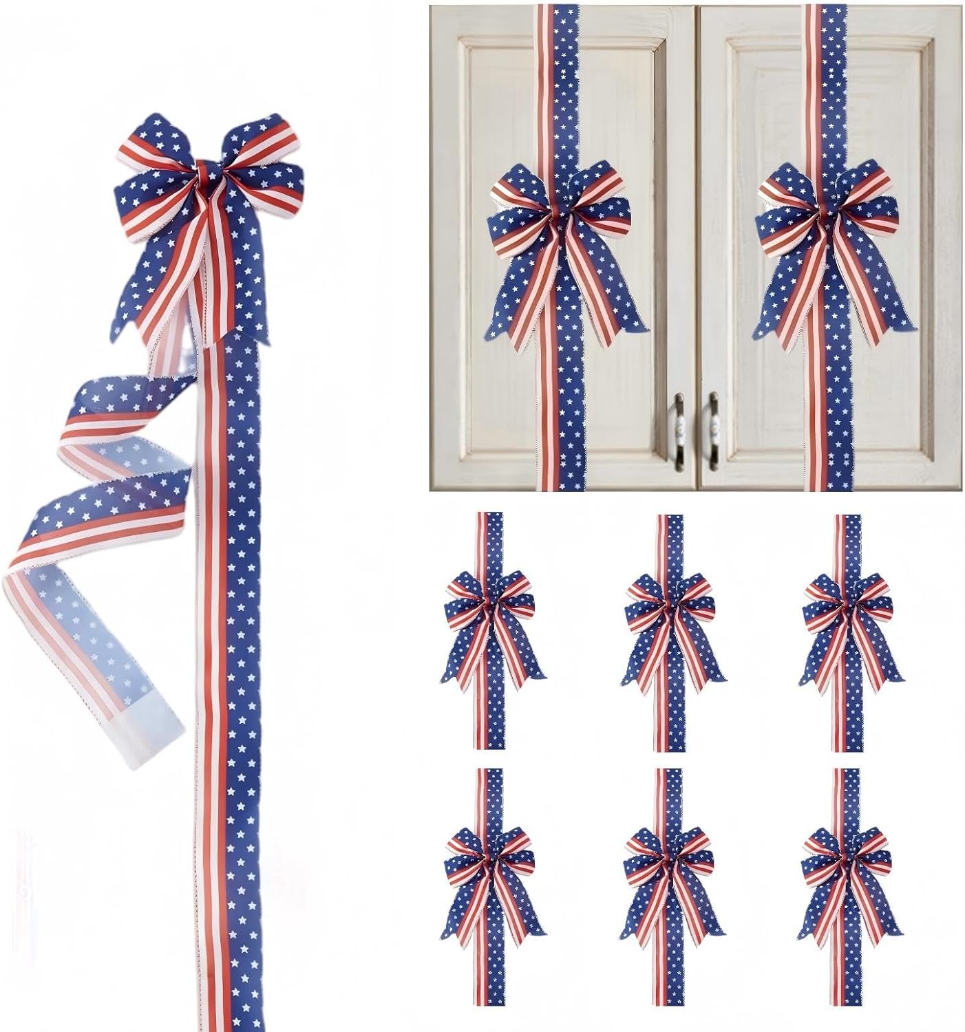 6 Pcs Patriotic 4th of July Cabinet Bows, Flags Pattern Cabinet Ribbon Bows for Kitchen Decorations, Independence Day Party Supplies (6 x Flag)