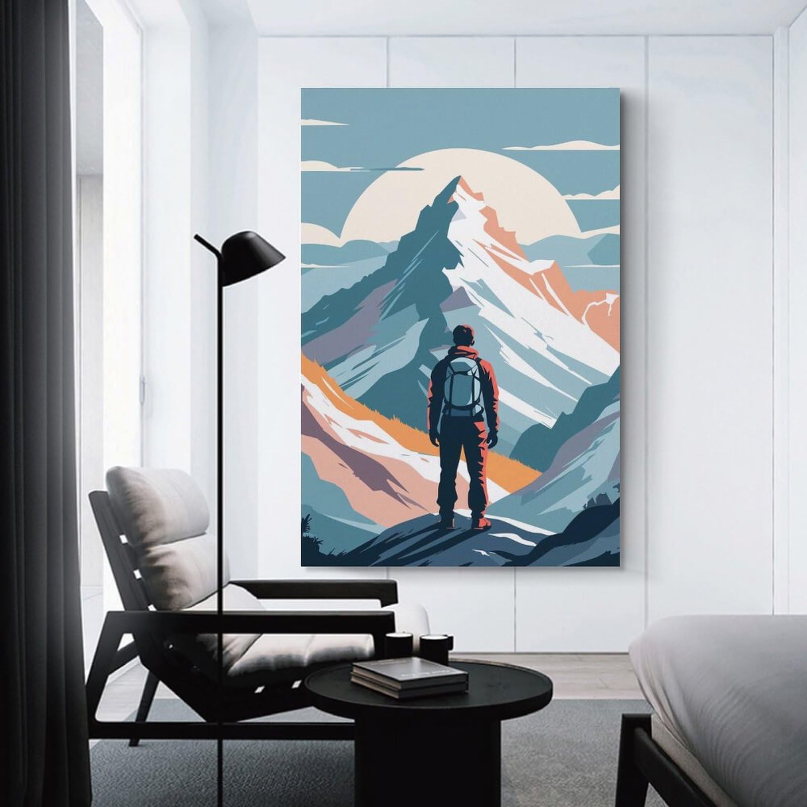Junmoney Hiker in Mountain Landscape Illustration Canvas Wall Picture 16x24inch(40x60cm), for Contemporary Homes, Apartments Or Offices, Wall Decor with Flexible Room Appeal