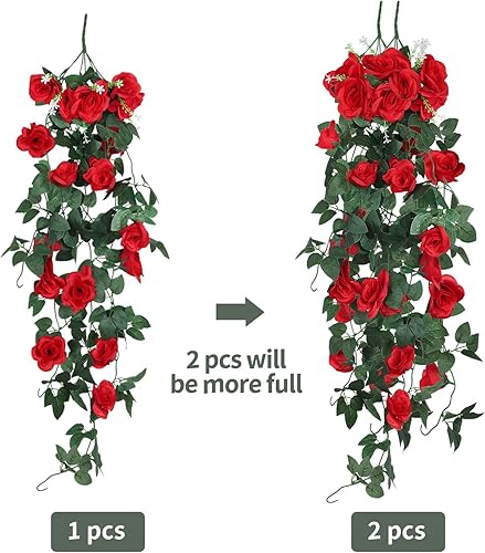 Miniatura 4 de RECUTMS Flores Colgantes Artificiales Rosas Colgantes 2 Piezas 3.3 Pies para Exteriores con 30 Luces LED de Cadena de Hadas para Pared Interior