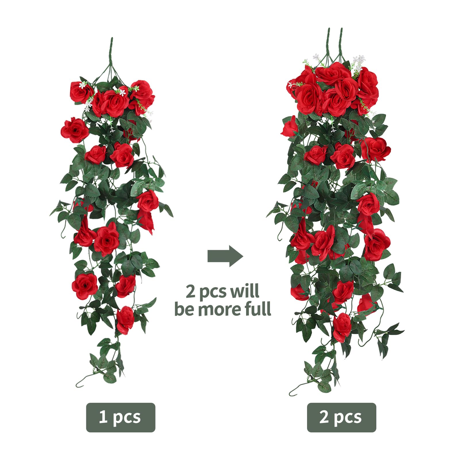 Flores colgantes artificiales, 2 unidades, 3.3 pies, flores de vid de rosas para decoración del hogar, habitación, jardín, boda, interior y exterior (rojo) 4