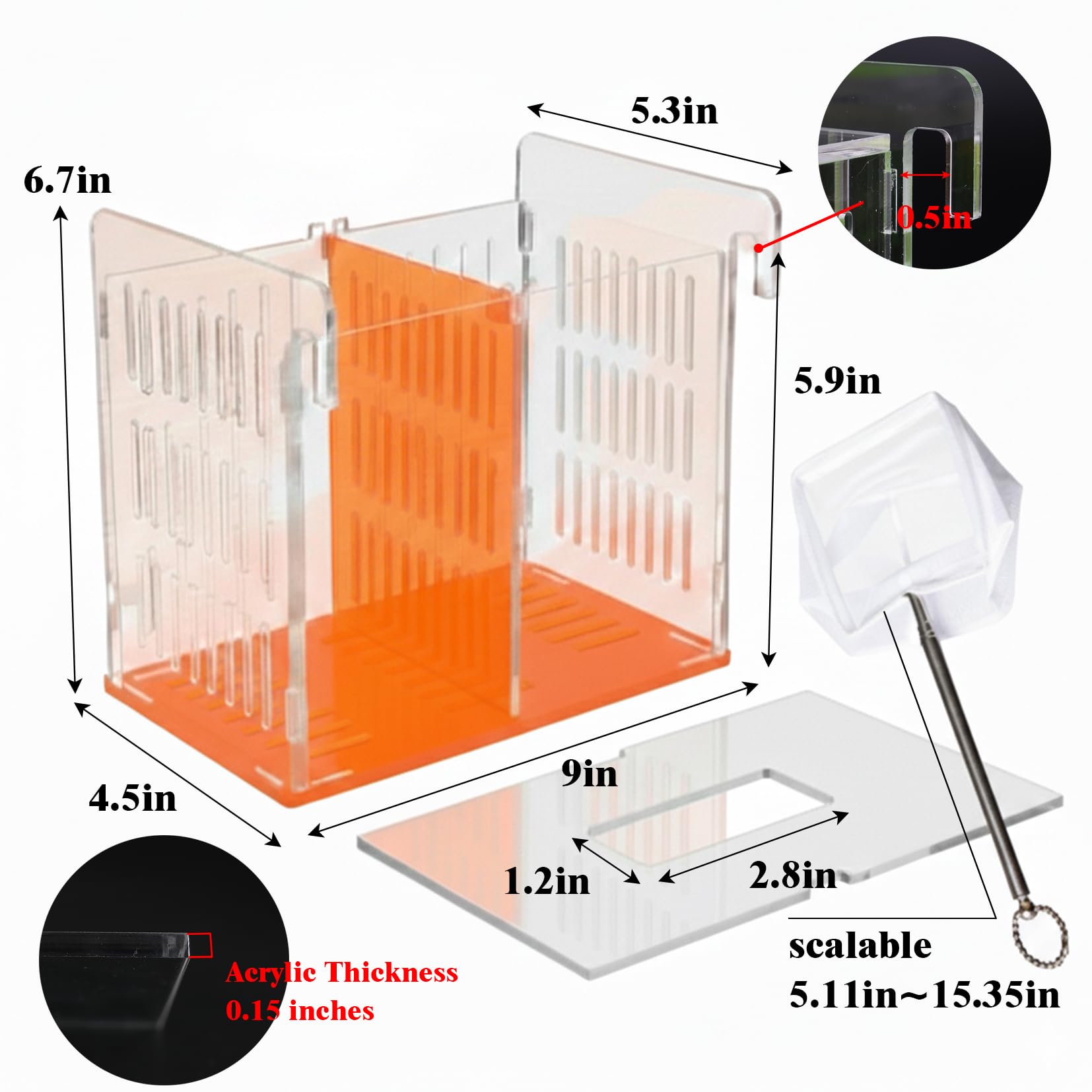 Fischzüchterbox für Aquarium, Acryl-Brutkasten mit langem Griff Netz – Zucht- und Isolationsbox für Babyfische, Garnelen, Betta Guppy, Tankteiler (Orange, 22,9 x 13,5 x 17 cm)