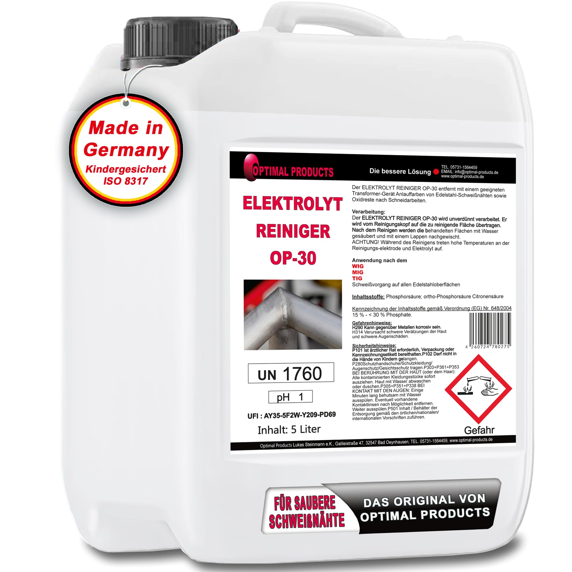 Optimal Products OP-30 Nettoyant électrolyte I Pour décaper l'acier inoxydable I Décapant pour peinture métal I Après soudage TIG I Polissage en acier inoxydable I 5 l