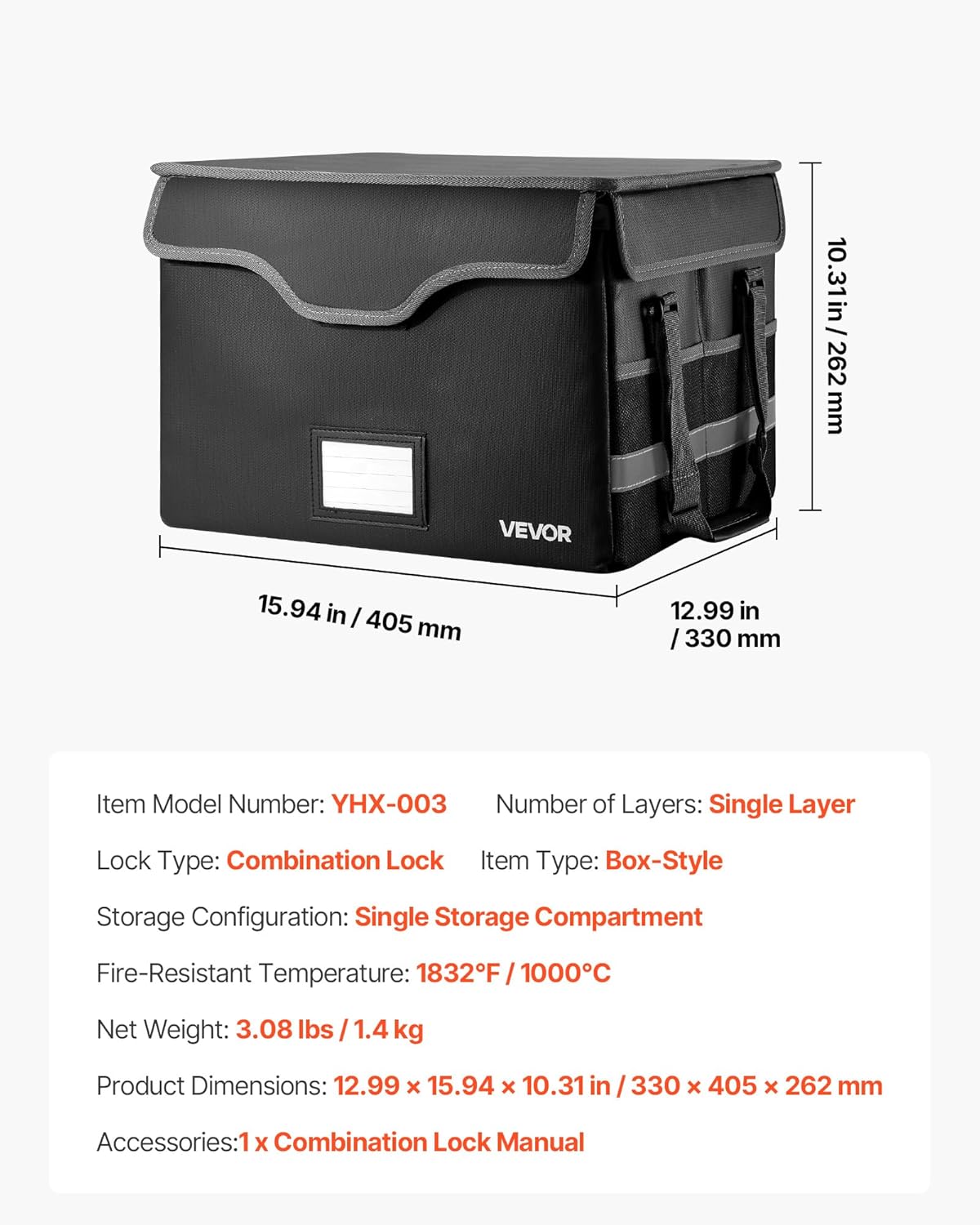 VEVOR Fireproof Document Box, 1832 ℉ Heat Insulated Fireproof & Waterproof Box with Lock, Portable File Storage Security Organizer Home Office Travel Use, for Passports, Important Documents & Files