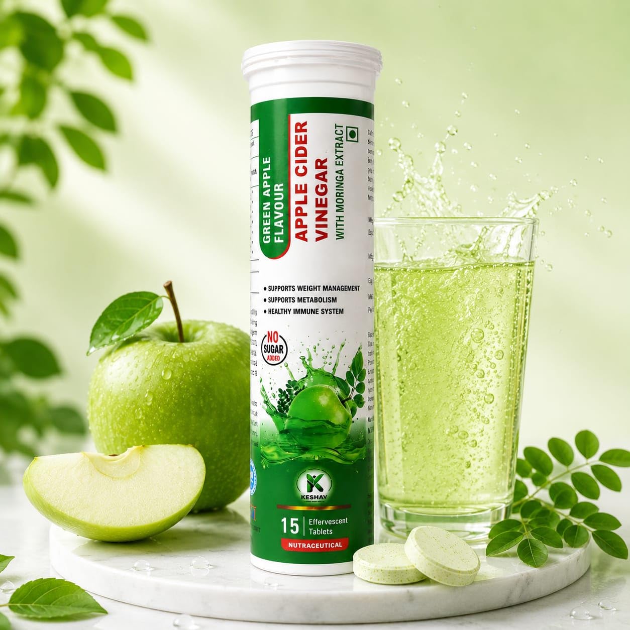 Keshav ACV Moringa Effervescent Tablets | Green Apple | 15 Tablets | ACV with Moringa, No Sugar Added, Supports Metabolism-image-27