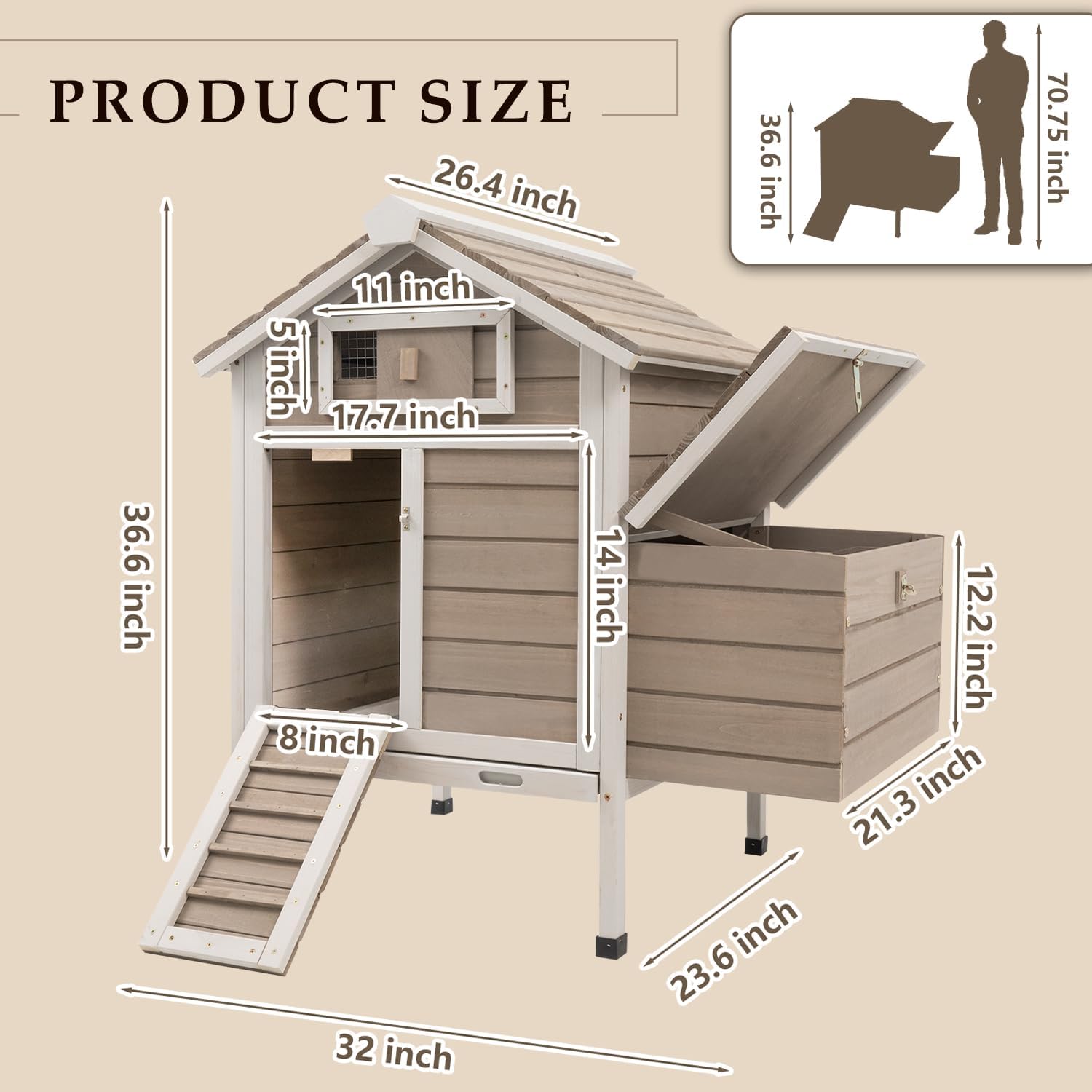 Chicken Coop Chicken House Outdoor with Removable Trays, Wooden Rabbit Hutch Poultry Cage with Nesting Box, Indoor Hen House Chicken Cage with Ramp for Garden Backyard (32"L x 23.6"W x 36.6"H)